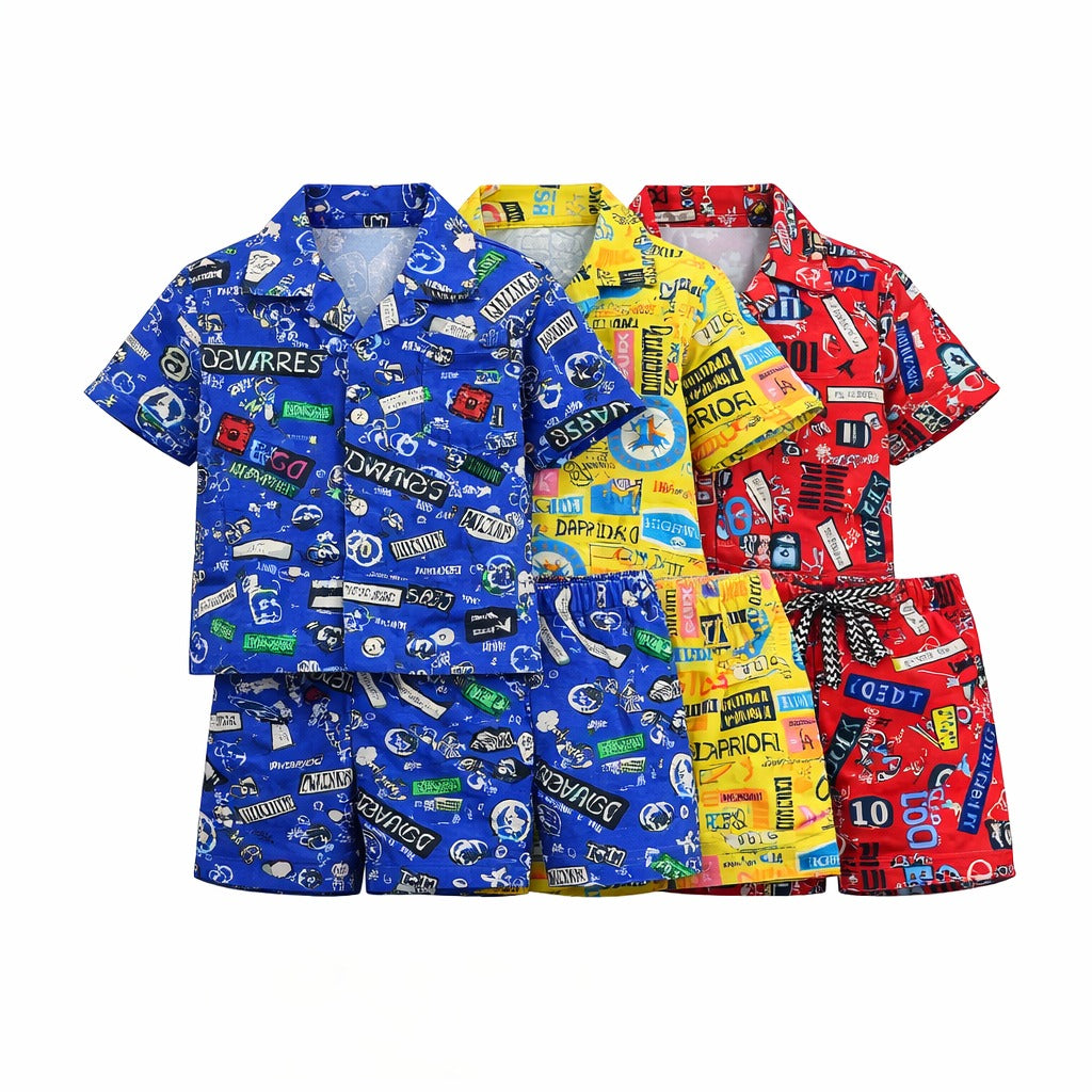 Pack of 3 Kids Printed Linen Short Pajama Set