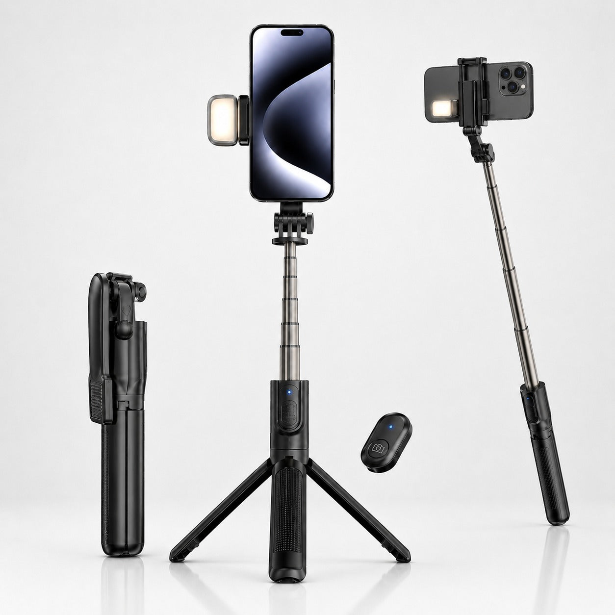 Selfie Stick With LED Light Wireless Bluetooth Foldable Mini Tripod Stand Mobile Holder With Fill Light Shutter Remote Control For IOS Android