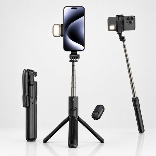 Selfie Stick With LED Light Wireless Bluetooth Foldable Mini Tripod Stand Mobile Holder With Fill Light Shutter Remote Control For IOS Android