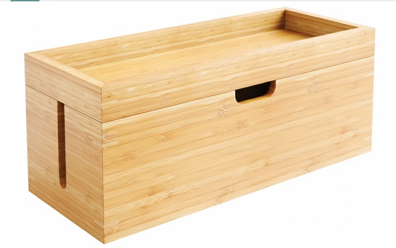 Bamboo Cable Box  Wooden Cord Organizer for Desk and Home Electronics