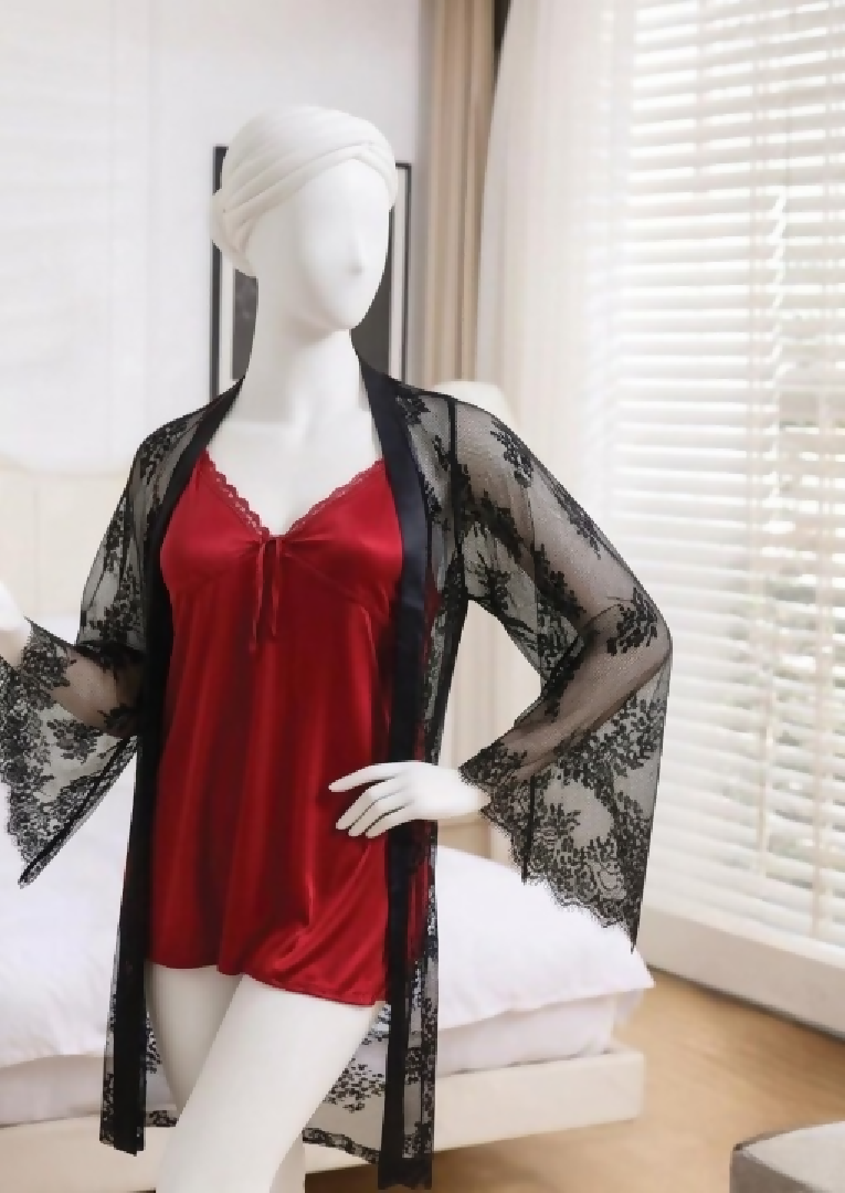 2-Piece Womens Sleepwear Set Camisole Shorts Lace Gown Soft Satin Nightwear Free Size