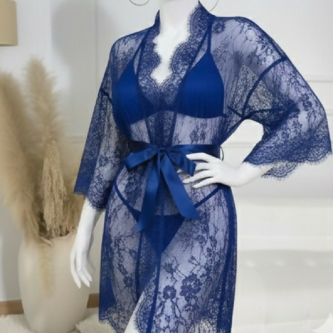 3 Piece Net Gown Set with Bra and Panty - Soft Lace Robe Lingerie - Free Size