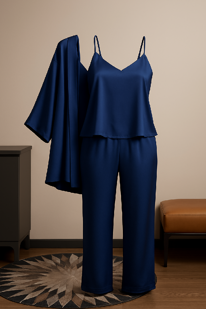 3-Piece Premium Satin Sleepwear Set for Women - Camisole Pants and Robe - Free Size