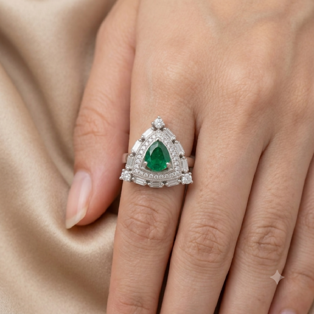 Cubic Zirconia Shield Statement Ring in Silver and Green