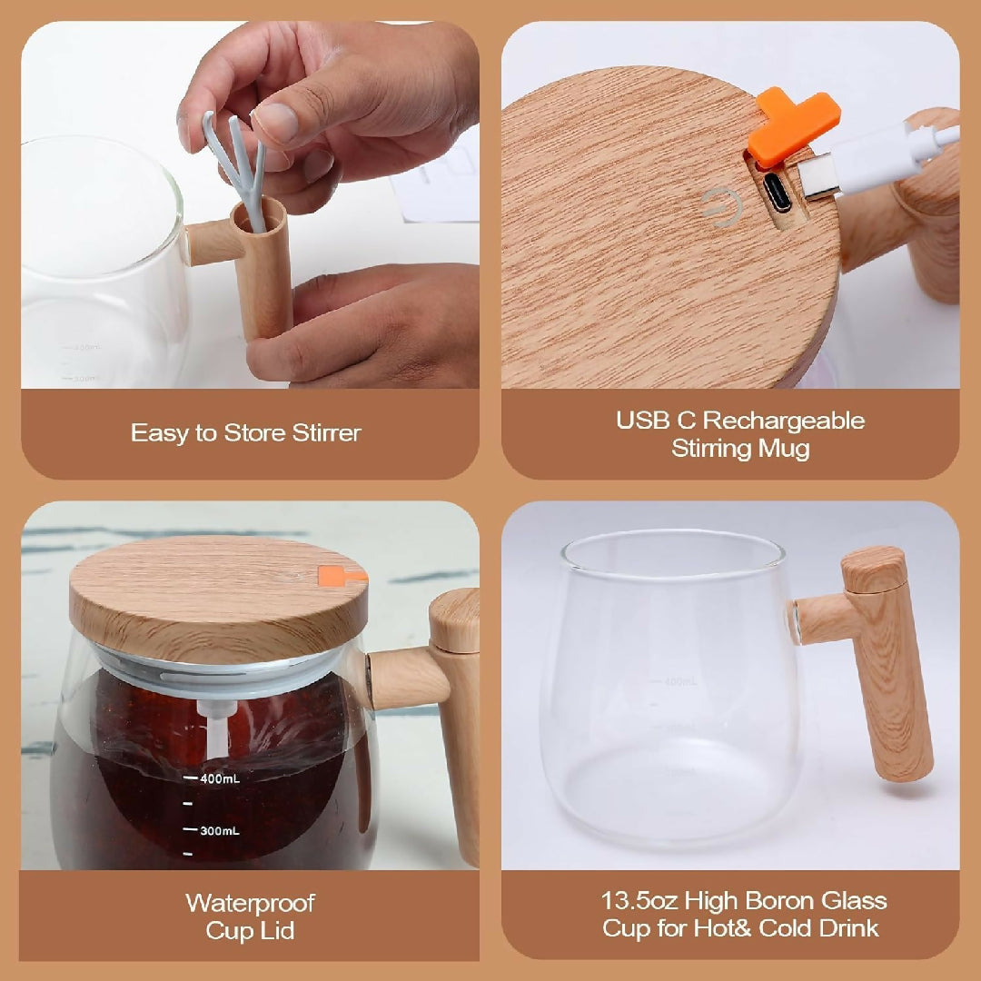 Wooden Design Automatic Self Stirring Coffee Mug One Click Electric Mixing Glass Cup