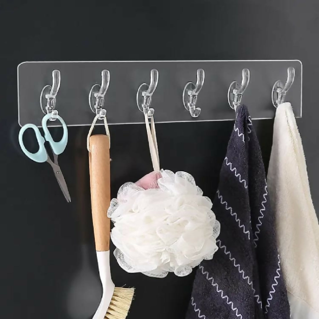 6 Row Transparent Wall Hooks Self Adhesive Clothes Coat Door Hanger Towel Key Holder Bathroom Kitchen Storage Sticker Hook pack of 2