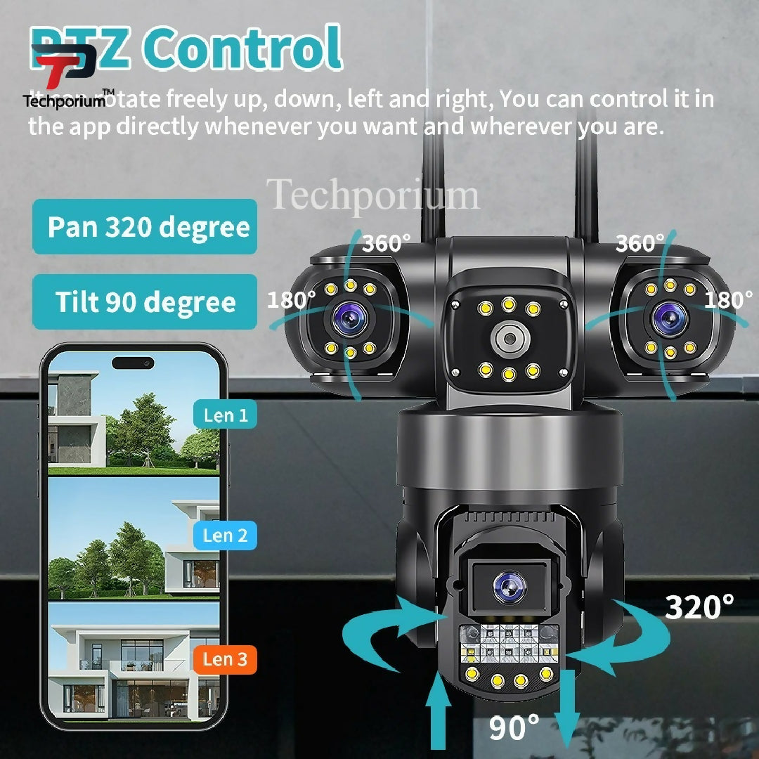 Smart 12MP WiFi 6K Ultra HD 3 Lens IP CCTV Camera PTZ Indoor Outdoor Security Camera with 16x Zoom Motion Detection Alarm Alerts Two Way Talk Audio Night Vision V380 Pro App Wireless Network Camera for Home Office Factory Warehouse Farm House