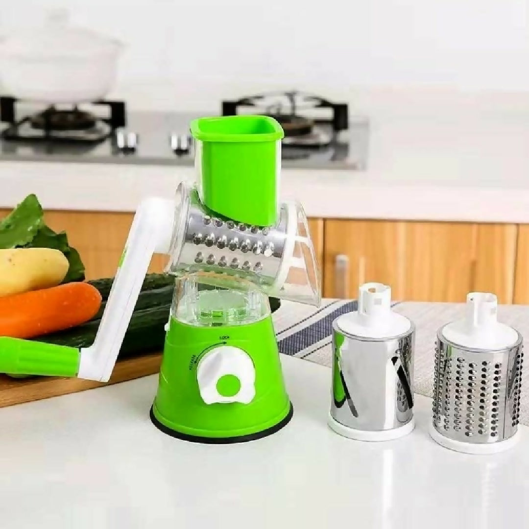 FALARI Tabletop Drum Grater Manual Rotary Vegetable Slicer Shredder and Cutter with 3 Interchangeable Stainless Steel Drums Random color
