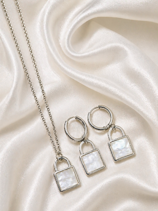 Silver-Toned Mother of Pearl Lock Pendant Set