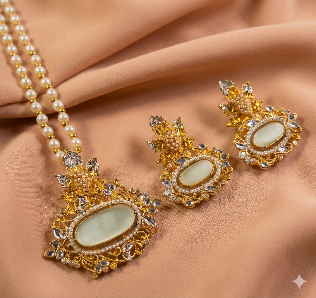 Regal Pearl and Cats Eye Filigree Jewelry Set