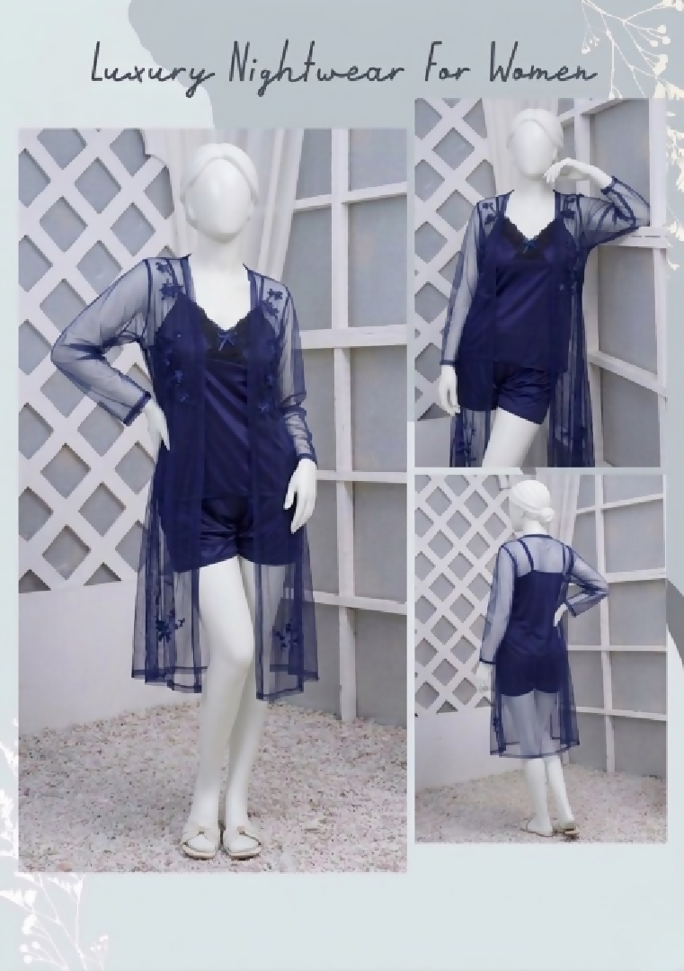 3 Pcs Luxurious Silk Net Black Lace Womens Sleepwear Set Top Short Gown Nightwear Free Size