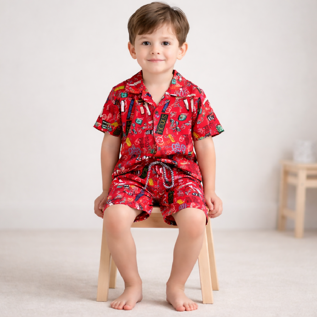 Kids Printed Linen Short Pajama Set