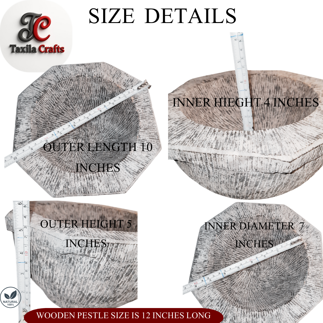 Large Size 10 Inch Handmade 8 Sided Black Stone Mortar with 12 Inch Wooden Pestle Fully Textured Taxila Hills Stone