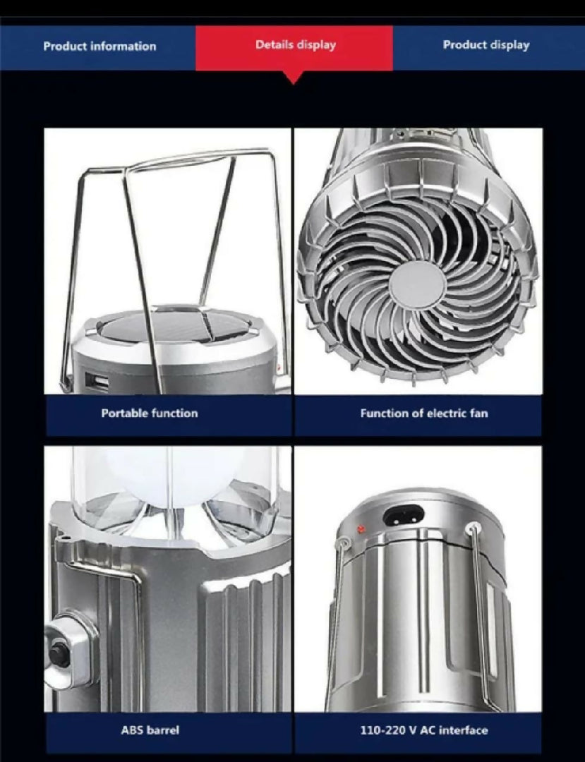 6 in 1 portable outdoor LED camping lantern with fan solar charge rechargeable light energy saving tent lamp flashlight