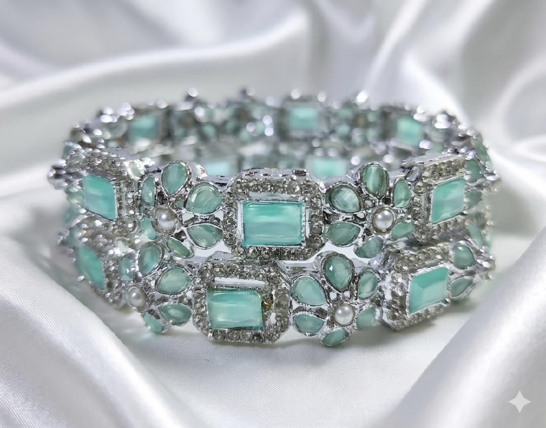 Pastel Mint and Silver Floral Stone-Studded Bangles (Set of 2)