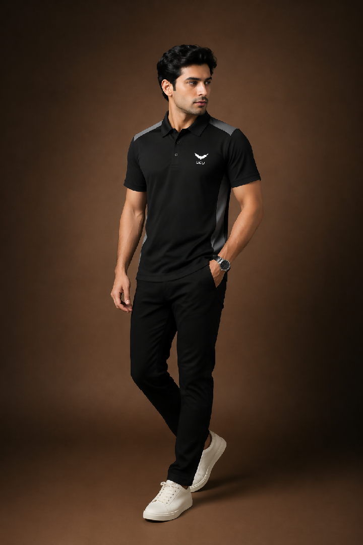 Black Grey Polo T Shirt - Premium Textured Mesh Polyester