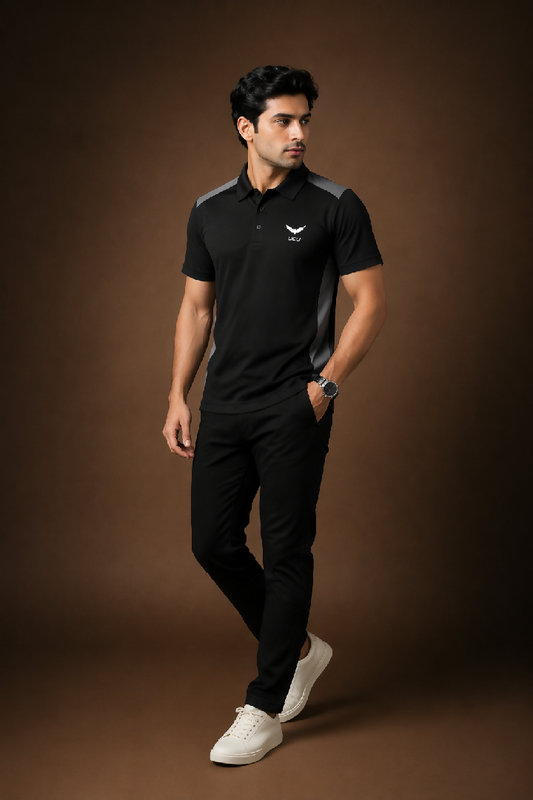 Black Grey Polo T Shirt - Premium Textured Mesh Polyester