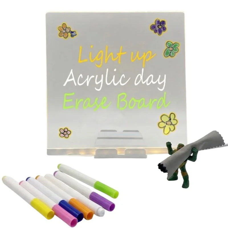 8x8 Inches LED Acrylic Writing Board with USB Light | 7 Colorful Erasable Pens |  Message Board with Markers & Stand