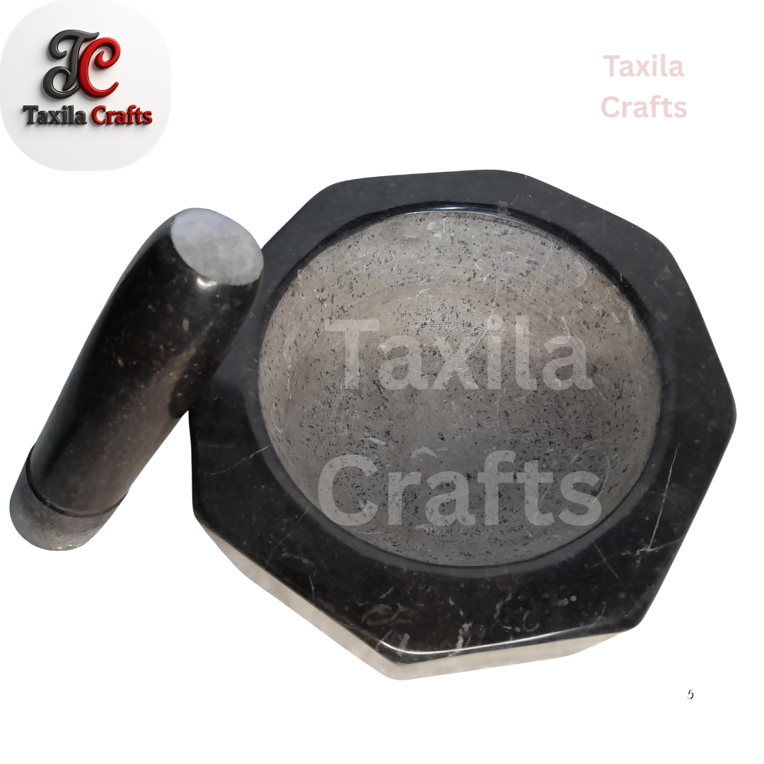 Taxila Crafts 8 Inch Crystal Shape Taxila Hills Black Stone Mortar and Pestle Set with 8 Inch Pestle