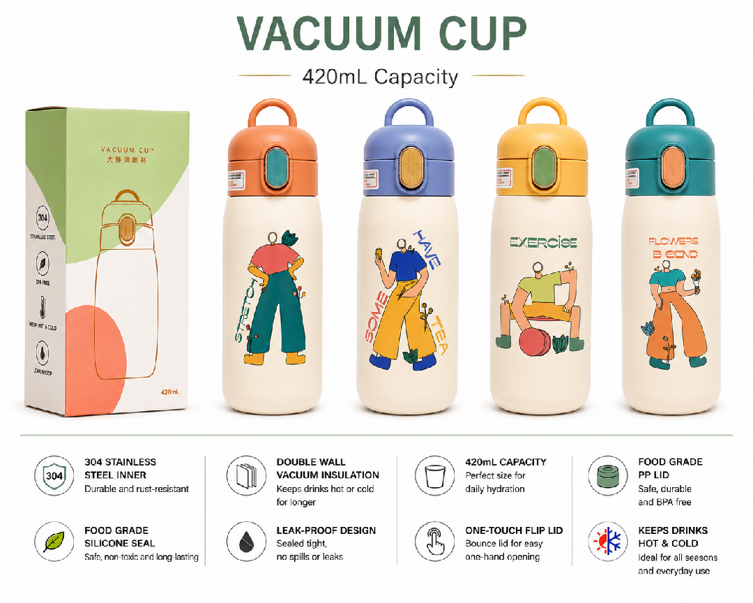 Stainless steel insulated vacuum cup bottle 420ml capacity leakproof lid