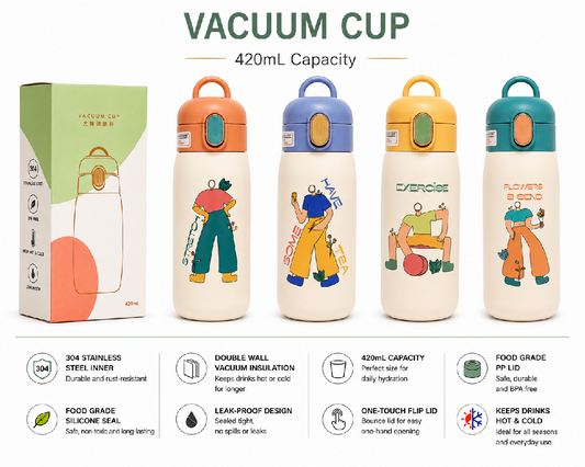 Stainless steel insulated vacuum cup bottle 420ml capacity leakproof lid
