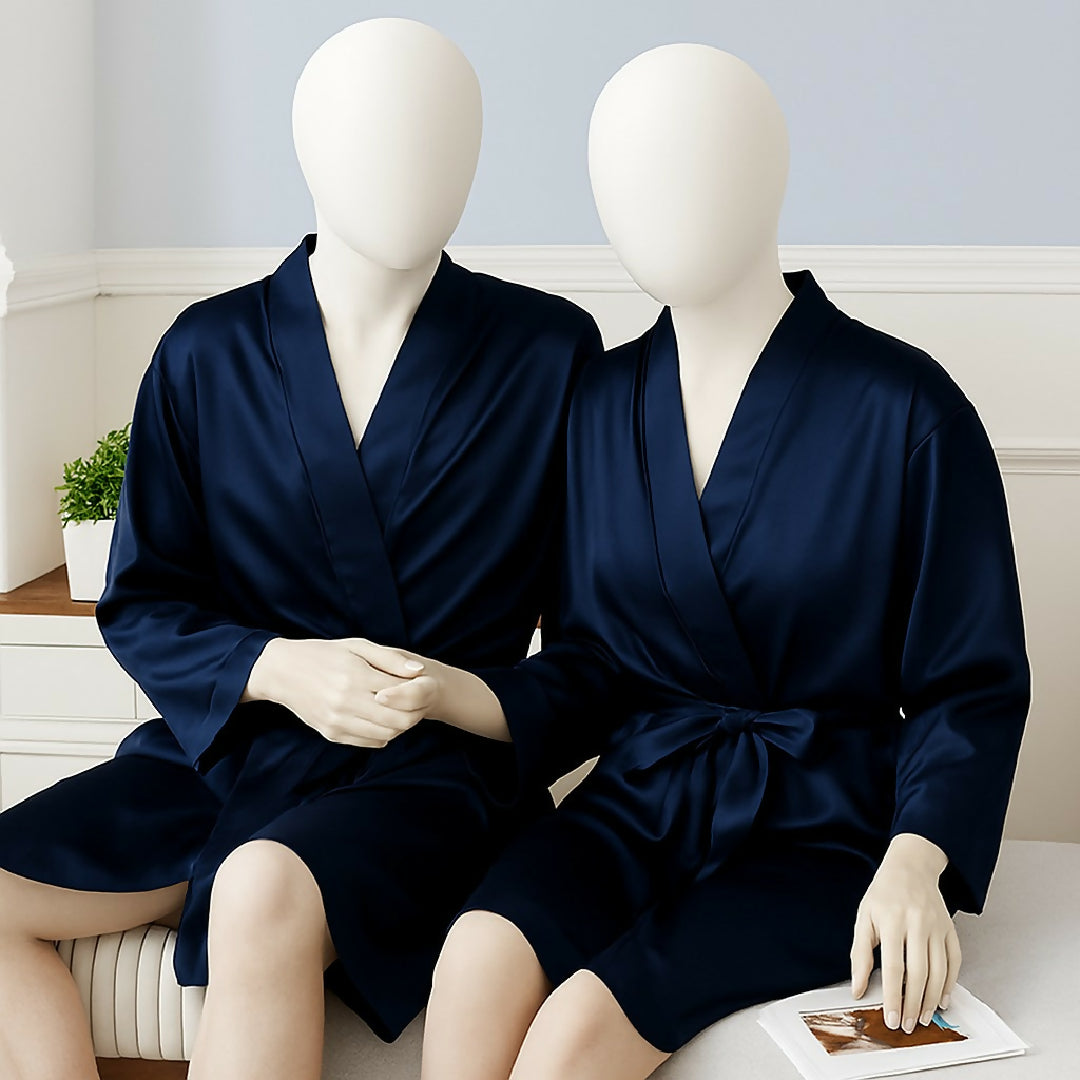 Elegant Silk Couple Gown - Robe Set - Wrap Style with Waist Belt - 2 Pcs