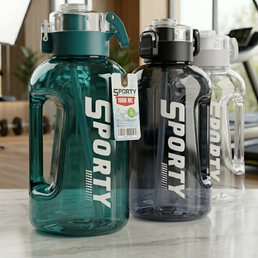 Sporty Water Bottle BPA Free Premium Quality with Time Marker 1L Large Sports Water Bottle with Handle Leak Proof for Fitness Gym Outdoor Travel Daily Use