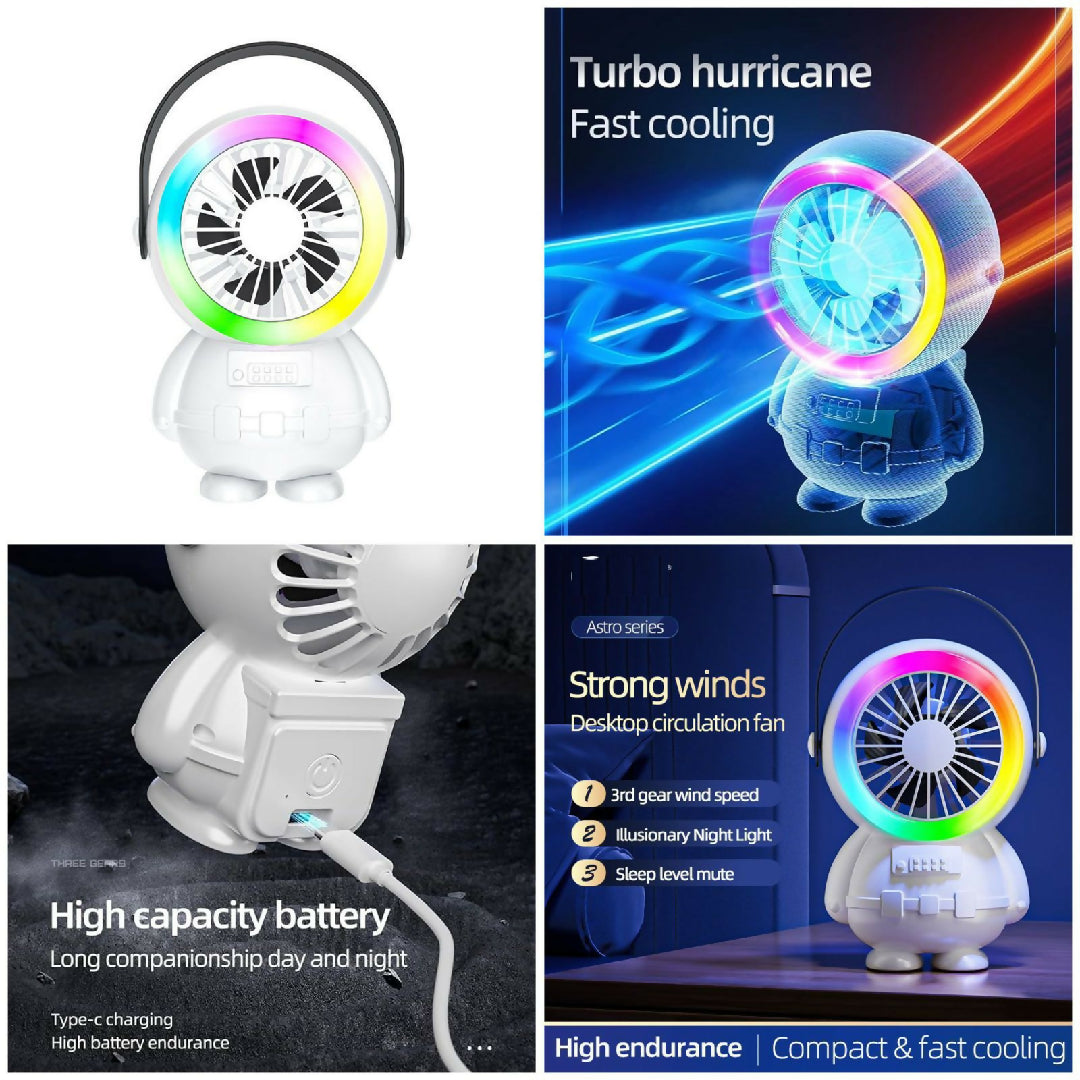 Astro Series Astronaut Mini Desktop Fan Portable USB Rechargeable Fan with RGB Night Light
