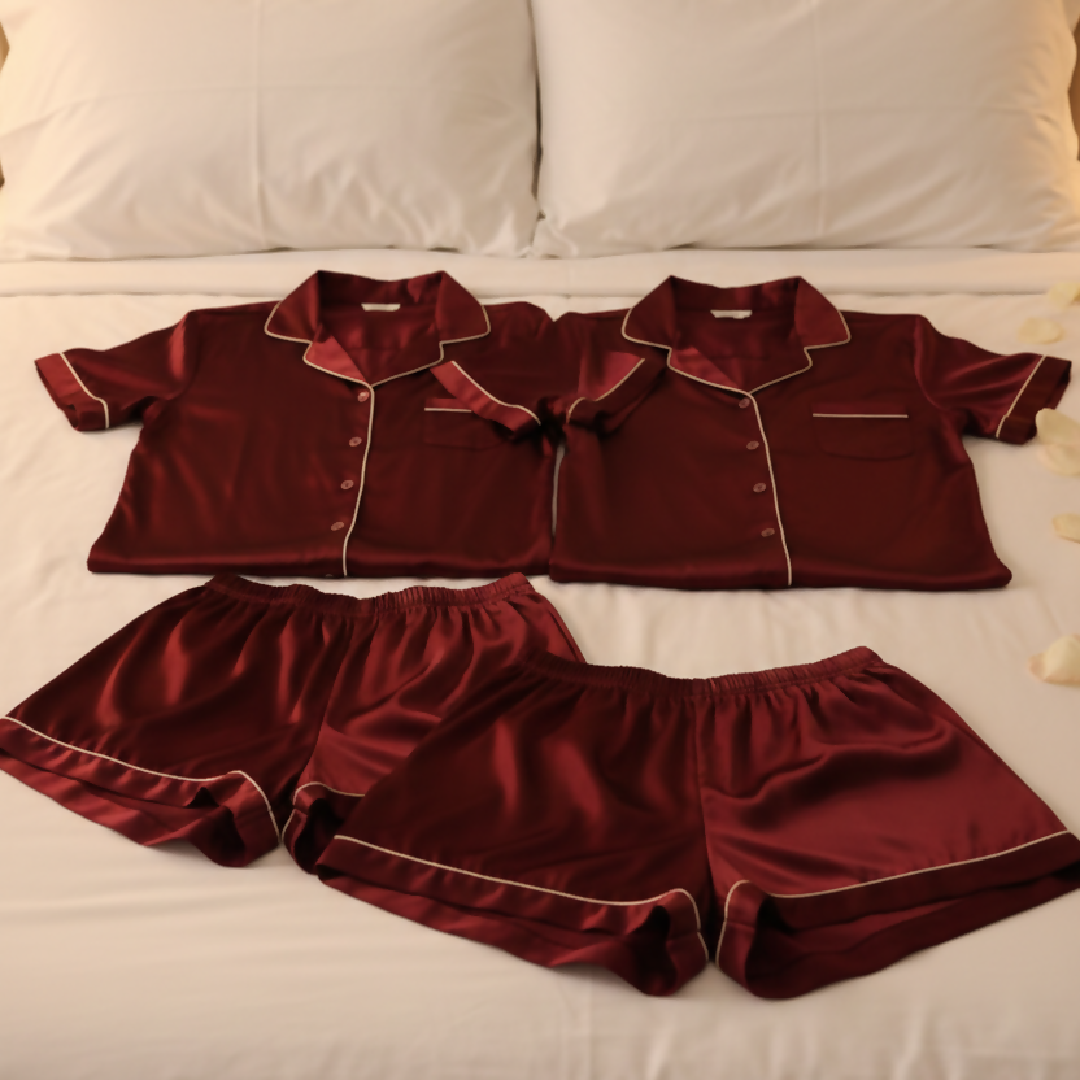 Couple Night Dress Silk Pajama Set - Short Sleeve Shirt and Shorts - 4 Pcs