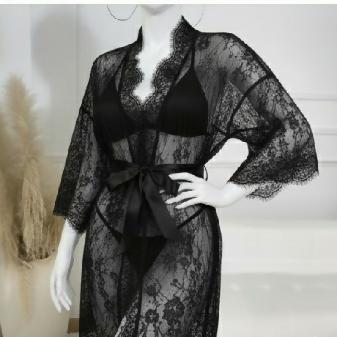 3 Piece Net Gown Set with Bra and Panty - Soft Lace Robe Lingerie - Free Size