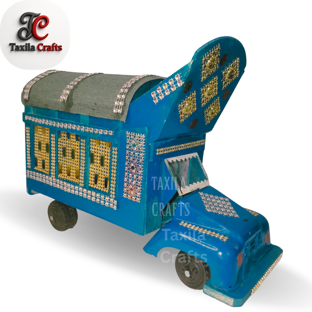 Handmade Blue Mini Truck Art Decorative Showpiece Wooden and Hardboard Model 11 Inch