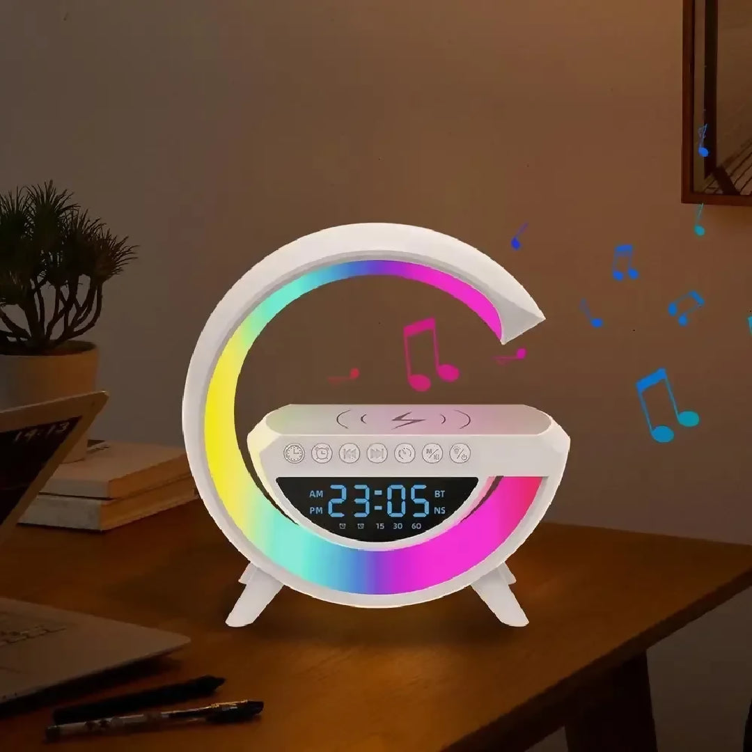 BT-3401 Multi-functional LED Clock Display Speaker G Lamp - LED Wireless Charging Speaker - G-shaped Speaker Light - Bluetooth Mp3 Player - Night Light and Alarm Clock - For Living Room