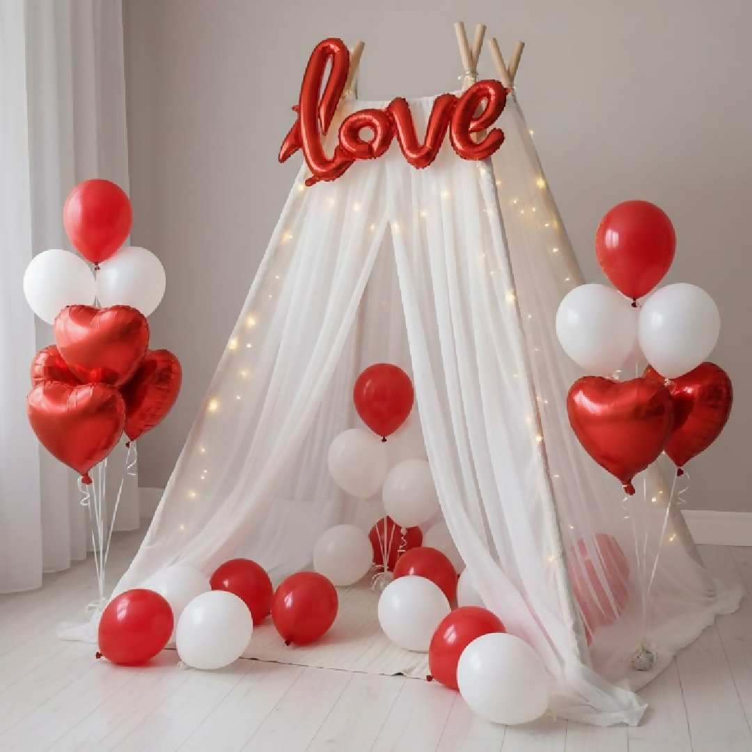 32 Pcs Romantic Tent Decoration Set With Red White Balloons Foil Heart LED Lights White Curtain Backdrop For Bedroom