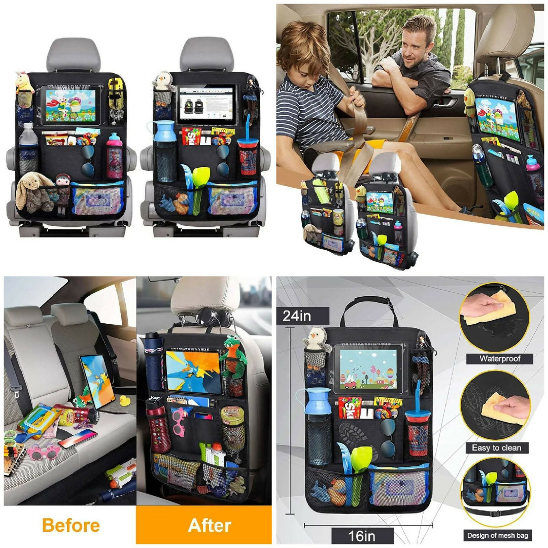 Car Backseat Organizer with Touch Screen Tablet Holder 9 Storage Pockets Kick Mats Car Seat Back Protectors
