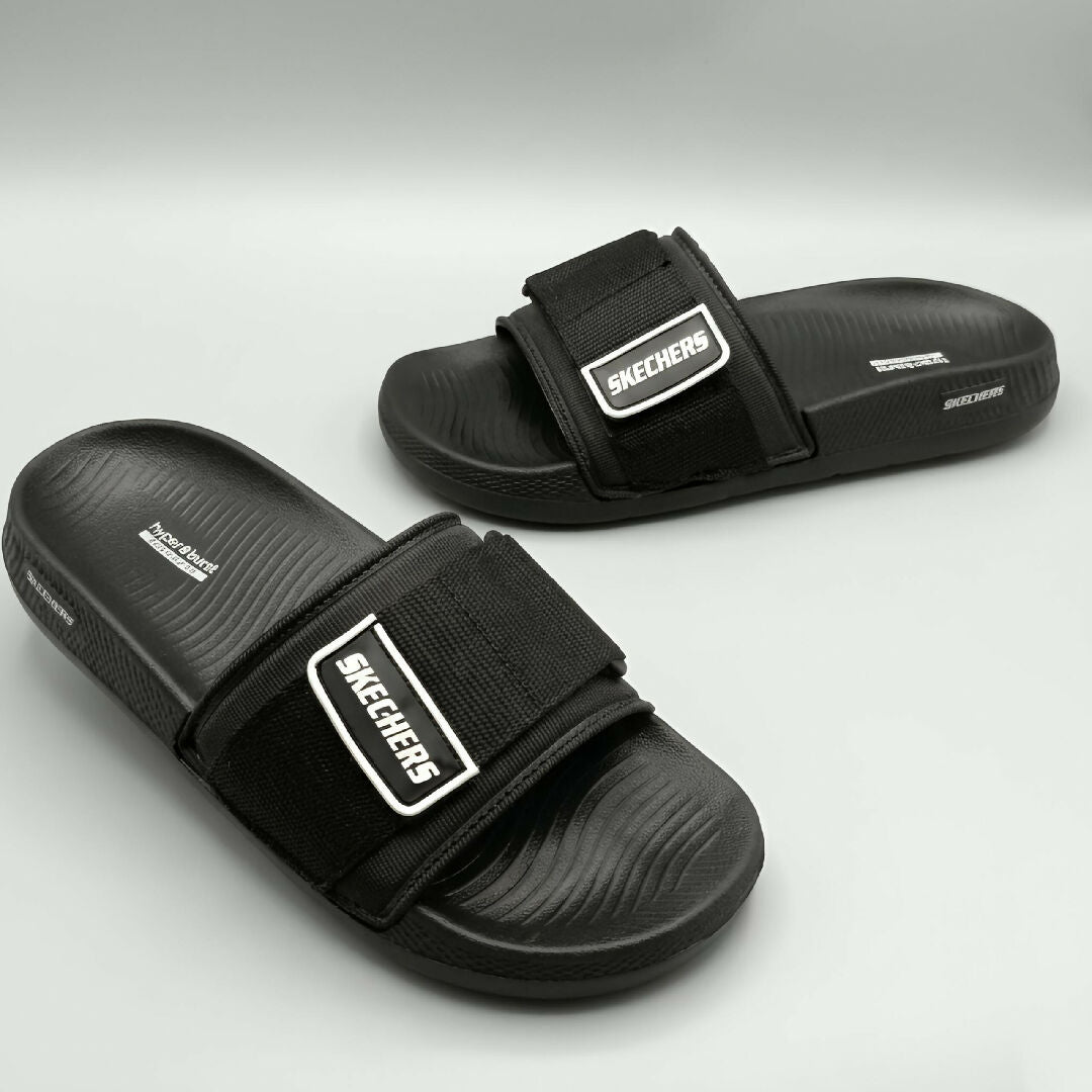 Skechers Hyper Burst Men Slides Premium Lightweight Comfort Slippers with Adjustable Strap and Soft Cushioned Sole in Black and Navy Blue