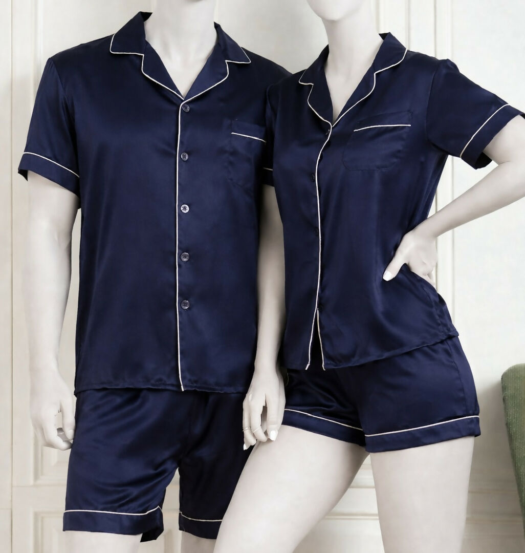 Couple Night Dress Silk Pajama Set - Short Sleeve Shirt and Shorts - 4 Pcs