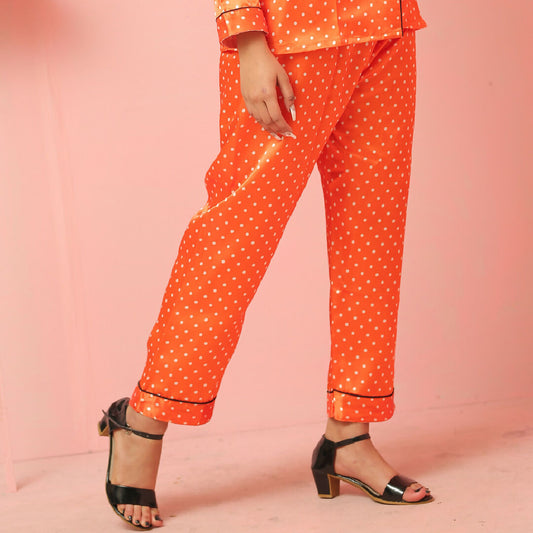 Orange Polka Dot Satin Night Suit – 2 Piece Button-Down Sleepwear Set for Women