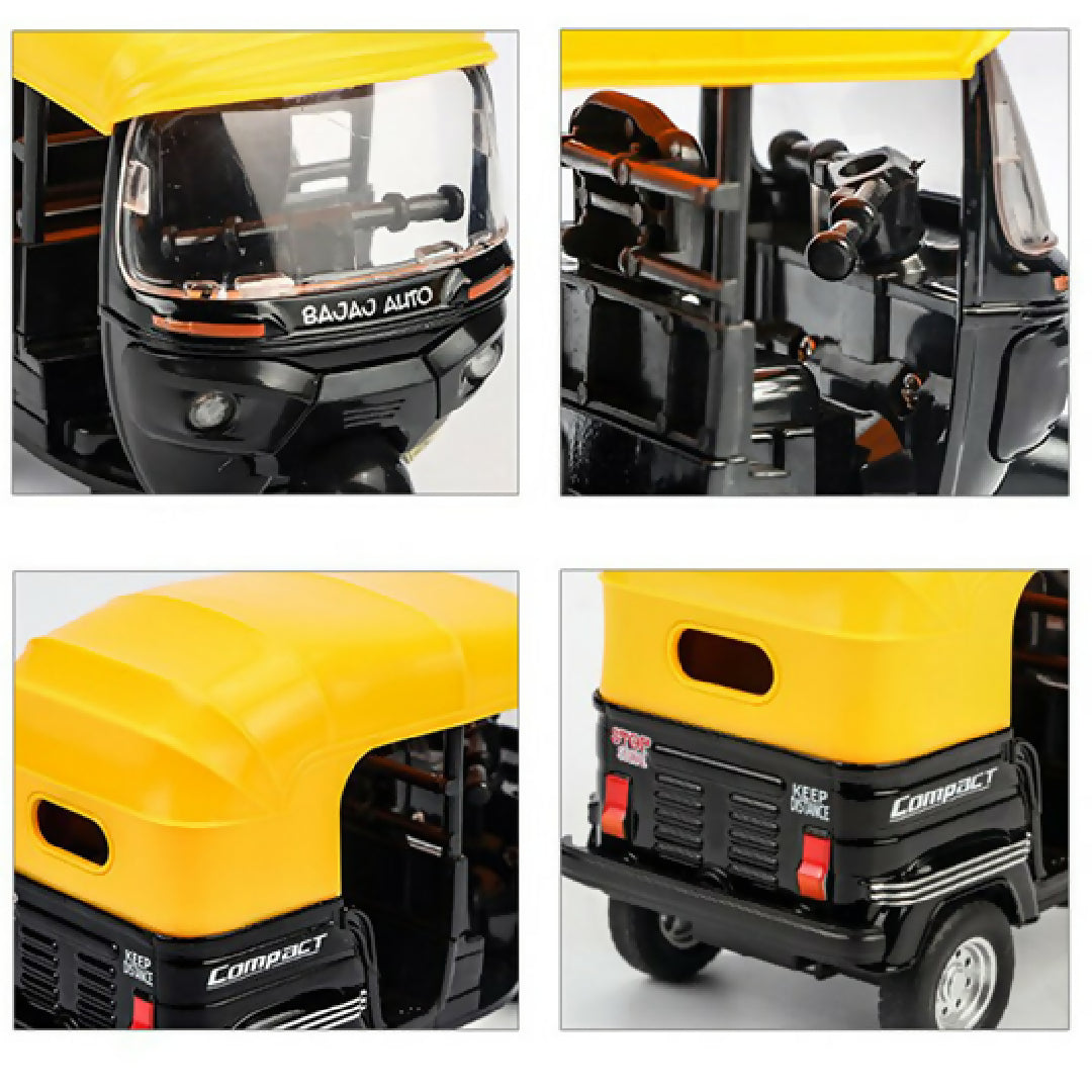 Toy Diecast Auto Rickshaw car Motor Tricycle Miniature Bemo Music Sound Light Model Free wheel can slide run like real CLASSIC TRICYCLE Three wheeled motorcycle alloy car model children taxi