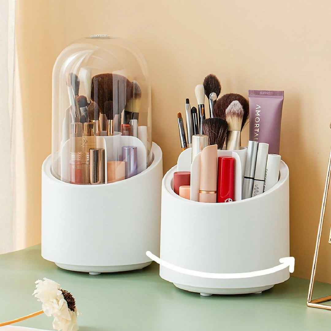 360 Rotating Makeup Brush Storage Box - Desktop Cosmetic Organizer for Brushes Lipsticks Eyebrow Pencils and Beauty Tools