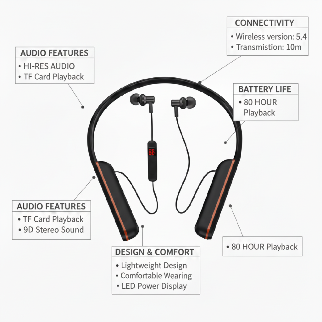 UN 03 Sport Wireless Neckband 80 Hour Battery And Digital LED Display