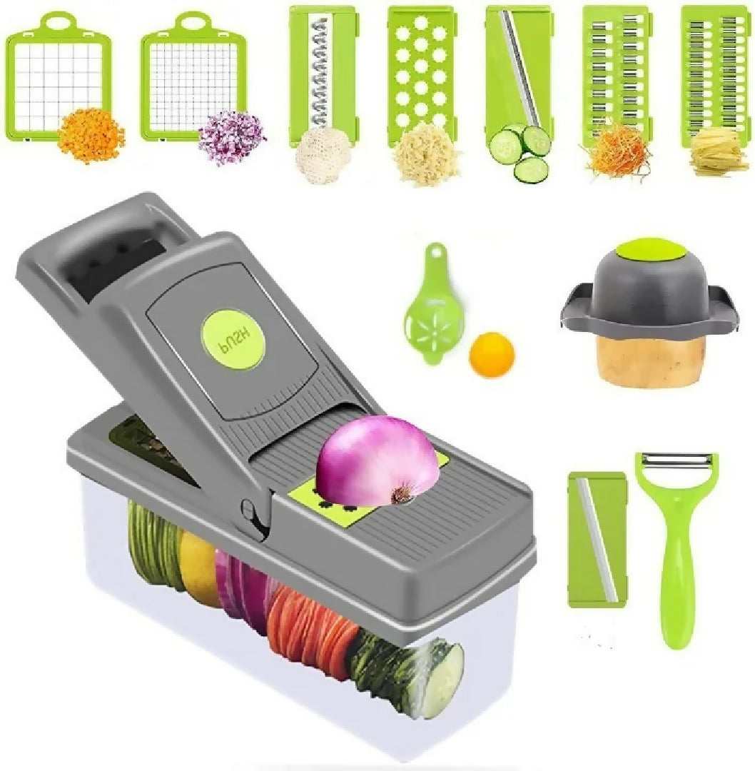 16-In-1 Multifunctional Vegetable Chopper-Slicer with Colander Basket and Storage Container - Heavy Duty Manual Food Cutter