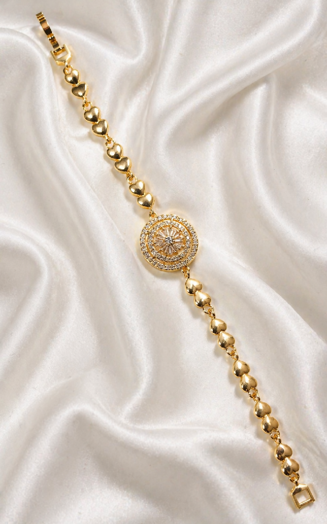 Gold Heart-Link Sunburst Medallion Bracelet