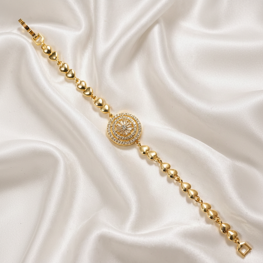 Gold Heart-Link Sunburst Medallion Bracelet