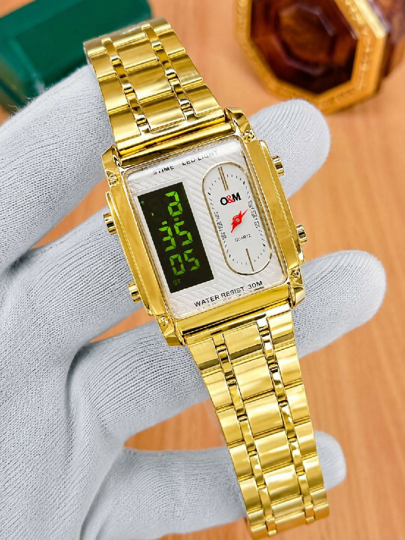 Luxury Gold Dual Display Mens Watch Analog Digital LED Stainless Steel