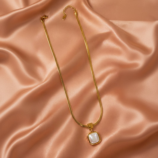 Vintage Square Pearl Herringbone Flat Chain Necklace