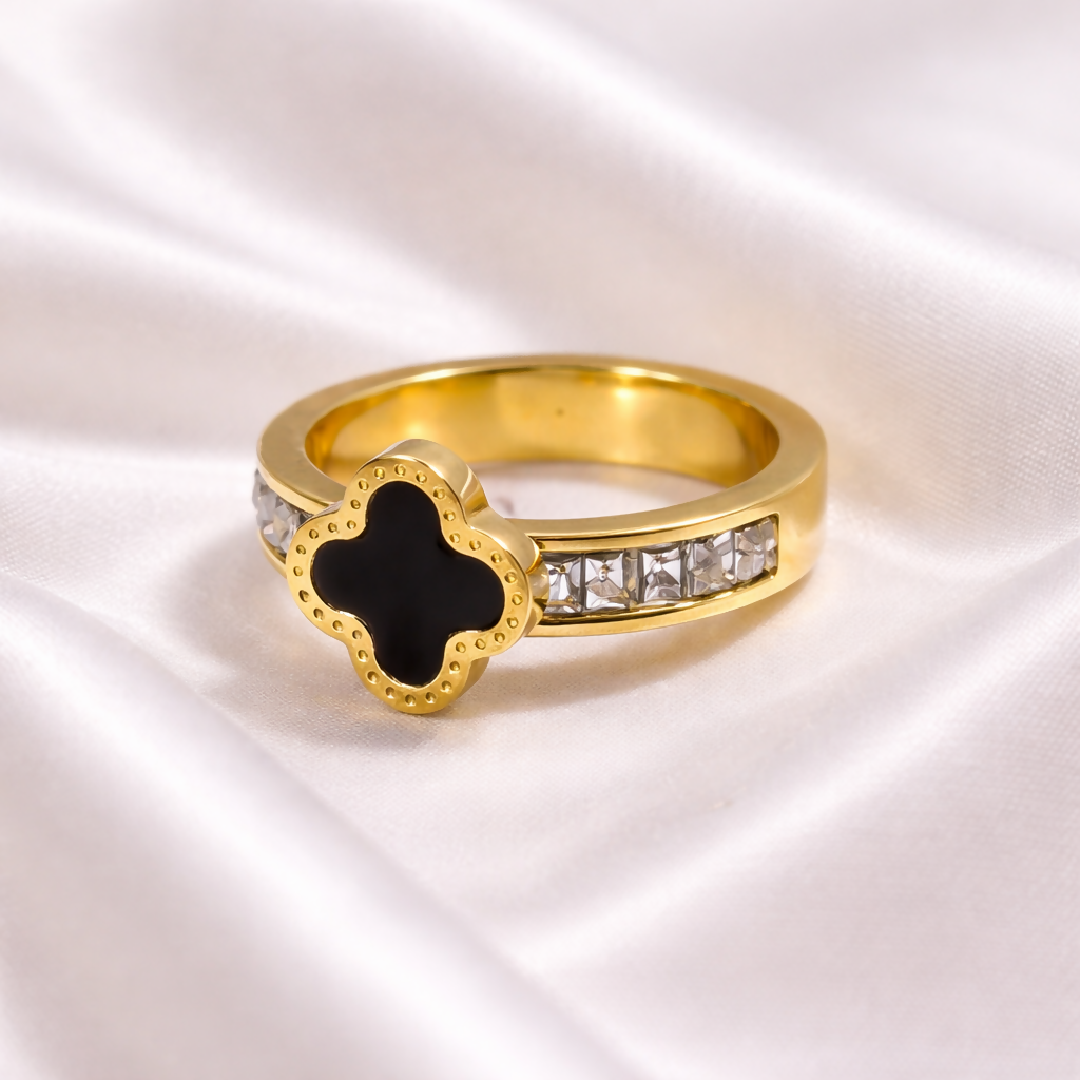 Gold-Plated Stainless Steel Clover Ring with Black Enamel and Crystal Accents