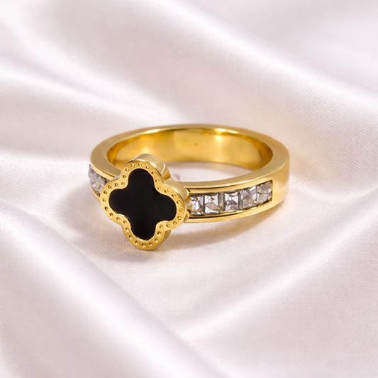 Gold-Plated Stainless Steel Clover Ring with Black Enamel and Crystal Accents