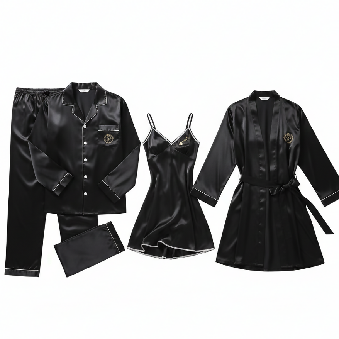 Couple Night Dress Silk Sleepwear Set - 4-Piece Pajama and Robe Set - SKU DC-C012