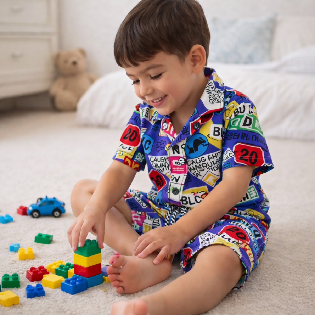 Kids Printed Linen Short Pajama Set
