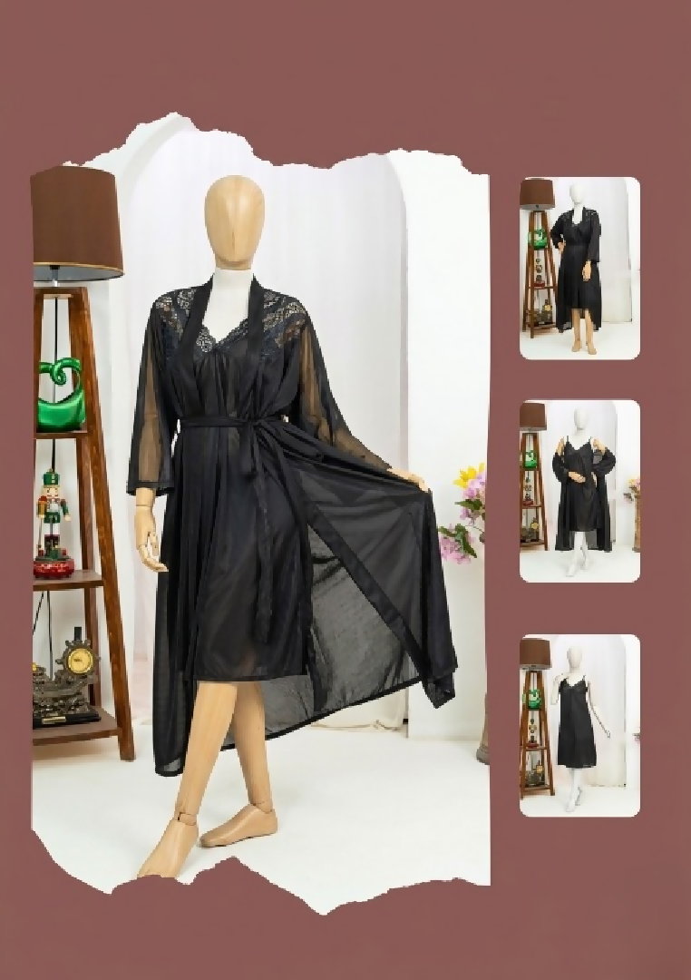 Premium Silk 2-Piece Bridal Nightwear Set Elegant Lace Embroidery Sleepwear Free Size
